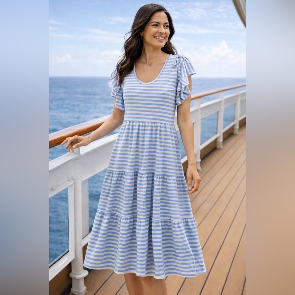 Summer Ready. Max Studio Blue Striped Tiered Midi Dress M Ruffle Sleeve